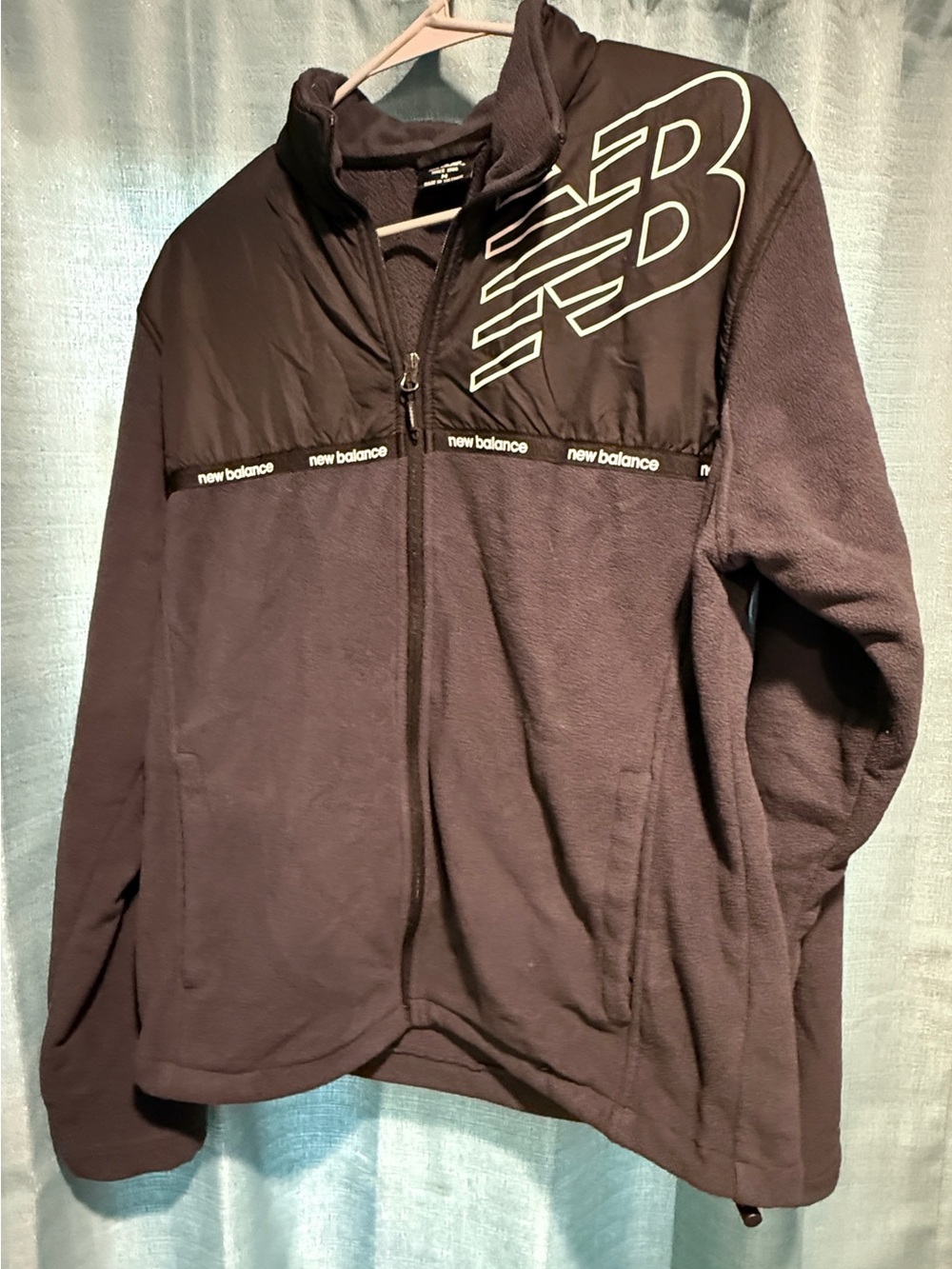 New Balance Full Zip Fleece Lined Athletic Jacket Black Big Logo Size Medium
